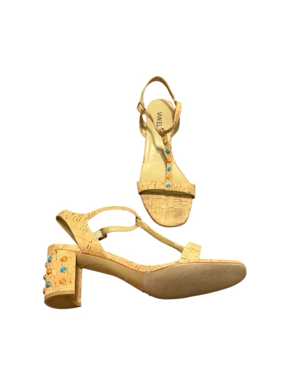 VANELi Lansa Cork T-Strap Block Heel Sandals Studded Slingback 9.5 N Narrow